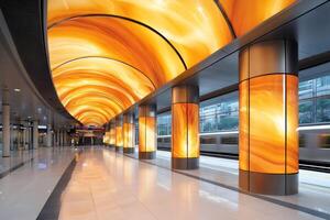 Warm orange lights illuminating the ceiling and columns of a modern subway station photo