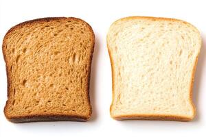 Toasted and untoasted slices of bread showing different colors lying on white background photo