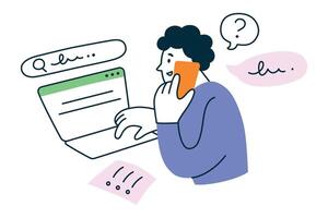 illustration of man working on laptop, searching for information in internet while making phone call. Flat cartoon character, multitasking, research, and active work with a to-do list vector