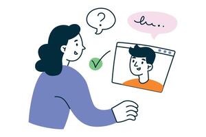 illustration of man and woman having online meeting, communicating via call. Flat cartoon characters with question and check icons. Remote work, study, and digital communication vector
