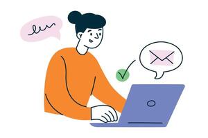 illustration of woman working at laptop, sending or getting emails, email icon and checkmark, cartoon freelancer or office worker character, productivity and digital communication concepts vector