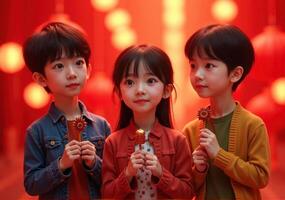 Three children holding up chinese lanterns photo