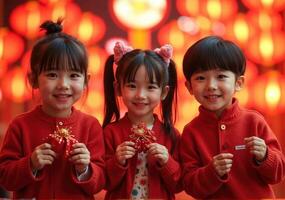 Three children in red holding chinese lanterns photo