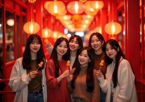 Four asian women posing for a photo in front of red lanterns
