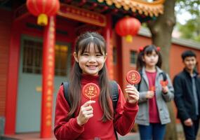 A girl holding a chinese lantern and smiling photo