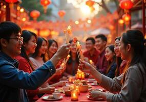A group of people at a dinner table with candles photo