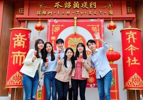Four asian students pose for a photo in front of a chinese building
