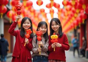 Three girls in red holding chinese lanterns photo