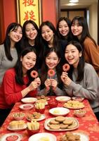 A group of young women posing for a photo with donuts