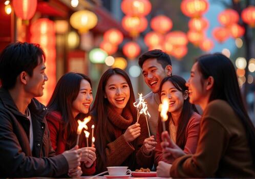 A group of friends are sitting at a table with sparklers photo