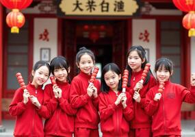 A group of asian children in red outfits holding up candy photo