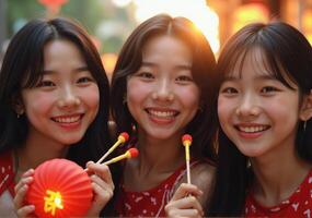 Three asian girls holding red lanterns photo