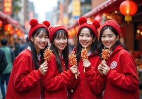Four asian women in red jackets holding up flowers photo