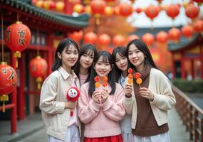 Four asian girls holding lollipops in front of chinese lanterns photo