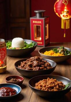 A table with bowls of food and a lantern photo