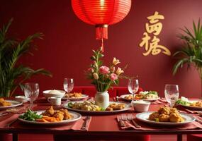Chinese new year dinner table with red lanterns and food photo