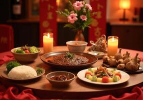 A table with food and candles on it photo