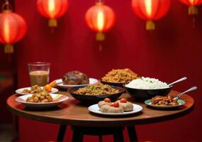 A table with food and red lanterns photo