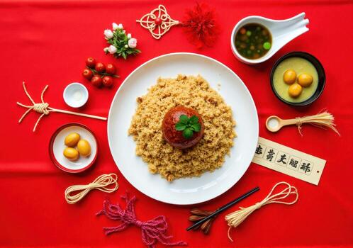 Chinese new year food with chopsticks and chopsticks on red table photo