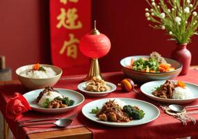 Chinese new year dinner with rice, meat and vegetables photo