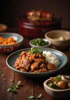 Chicken curry with rice and vegetables photo