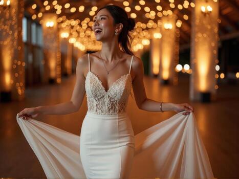 A bride in a white dress is standing in front of a string of lights photo