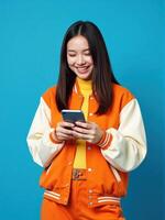 A woman in an orange jacket and yellow sweater is holding a smart phone photo