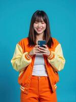 Asian woman in orange jacket holding phone and smiling photo