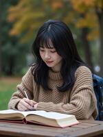 Asian woman studying in the park photo