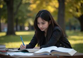 A young woman is sitting at a table with a notebook and pen photo