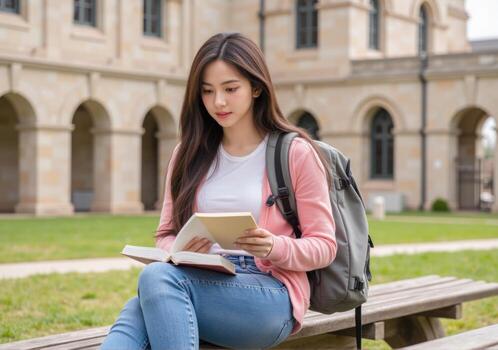 Asian female student reading book on bench in front of university building photo