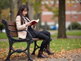 Asian girl reading book on bench in park photo