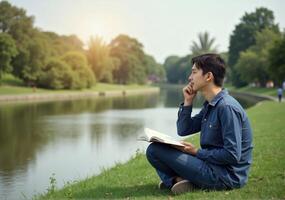 A young man is sitting on the grass and reading a book photo