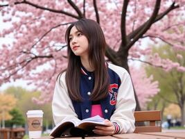 Asian girl sitting on bench with coffee and book photo