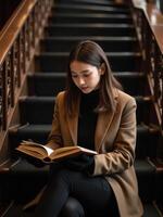 A woman in a coat is sitting on the stairs reading a book photo
