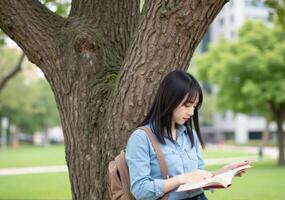 A young woman is reading a book under a tree photo