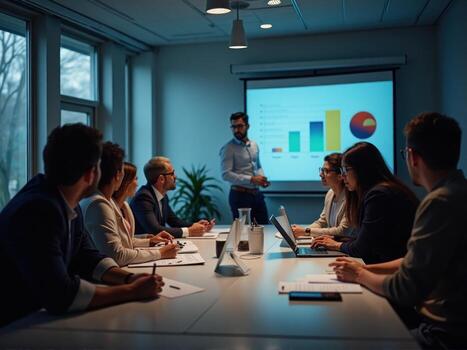 A group of people in a meeting room with a man giving a presentation photo