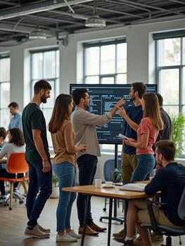A group of people standing around a table in an office photo