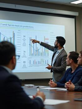 A man in a suit giving a presentation to a group of people photo