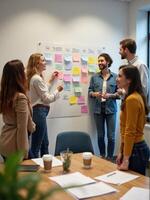 A group of people standing around a whiteboard with sticky notes photo