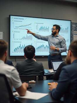 A man giving a presentation to a group of people photo