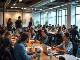 A group of people sitting at tables in an office photo