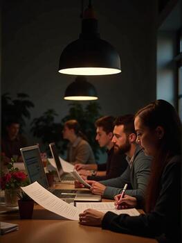 A group of people sitting at a table with laptops photo