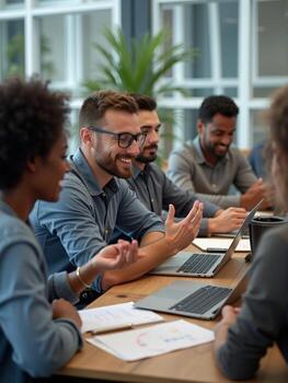 A group of people sitting at a table with laptops photo