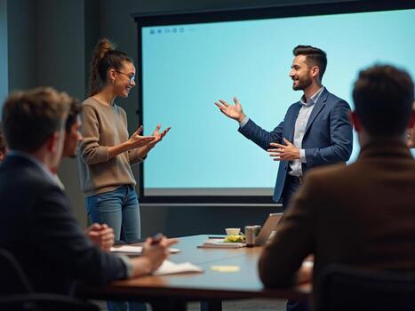 A man and woman are talking in front of a screen photo