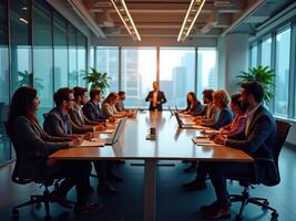 Business people sitting at a conference table in an office photo