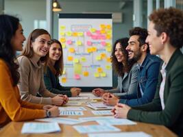 Group of people sitting around a table with sticky notes photo