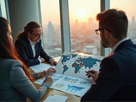 Three business people sitting at a table with a map on the table photo