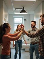 Group of people high fiving in an office photo