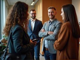 Three business people standing in an office photo